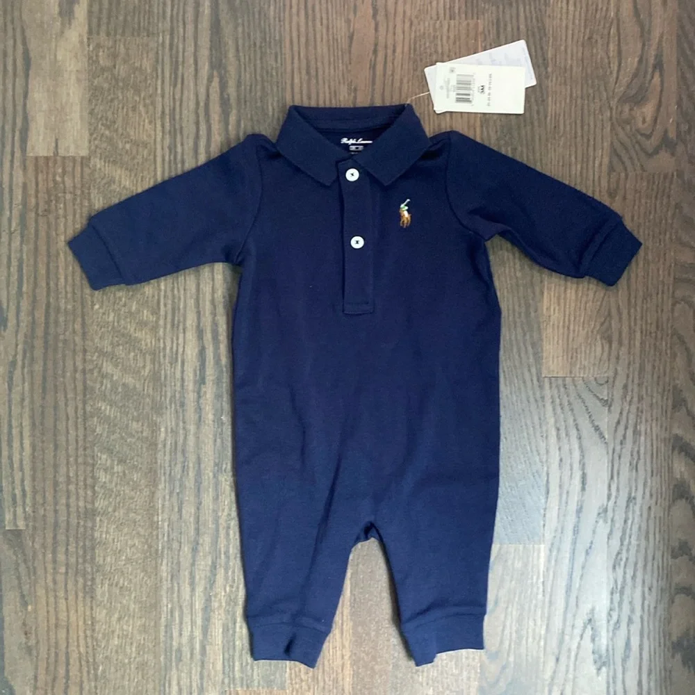 NWT Ralph Lauren Navy Baby Boy Cotton Polo Coverall 3 month - Picture 3 of 10